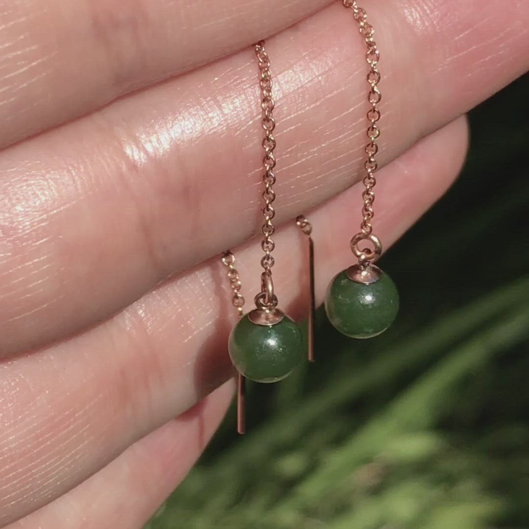 Ethical Sustainable Jade Beads Long Threader Earrings in 14Kgf Rose Gold Filled, Ready to Ship